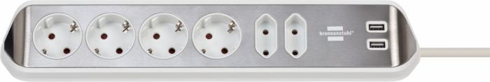 Prelungitor pentru perete colt Brennenstuhl Estilo 6 prize, 2 USB, 3.1 A, 2m Inox, Adeziv inclus, Argintiu-Alb [1]