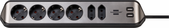 Prelungitor pentru perete colt Brennenstuhl Estilo 6 prize, 2 USB, 3.1 A, 2m Inox, Adeziv inclus, Argintiu-Negru [1]