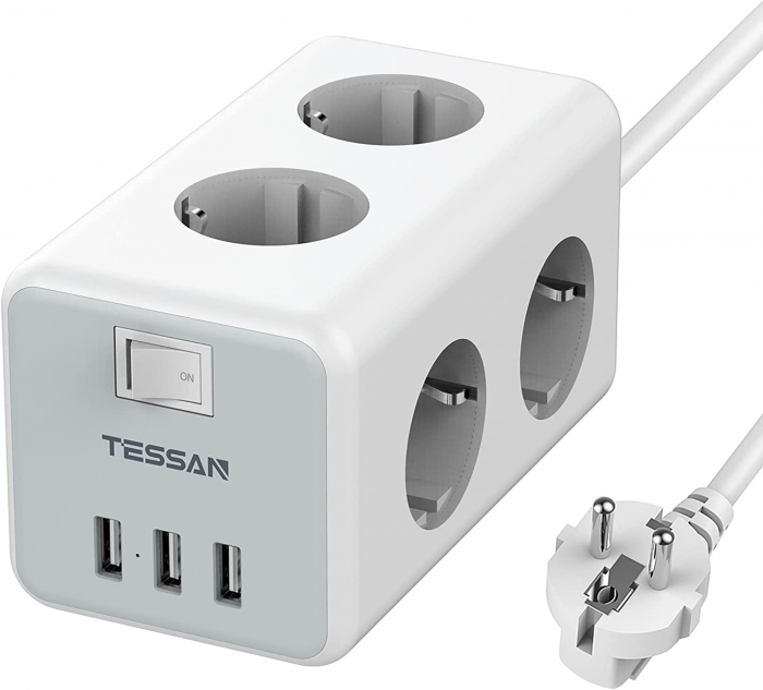 Prelungitor tip cub Tessan TS-306, 6 prize, 3 USB 3A, cablu 2m [1]