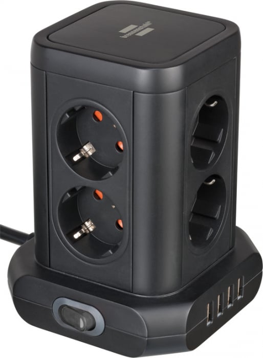 Prelungitor tip turn Brennenstuhl, 8 prize, 4 USB, cablu 2m, pozitionare prize 45 [1]
