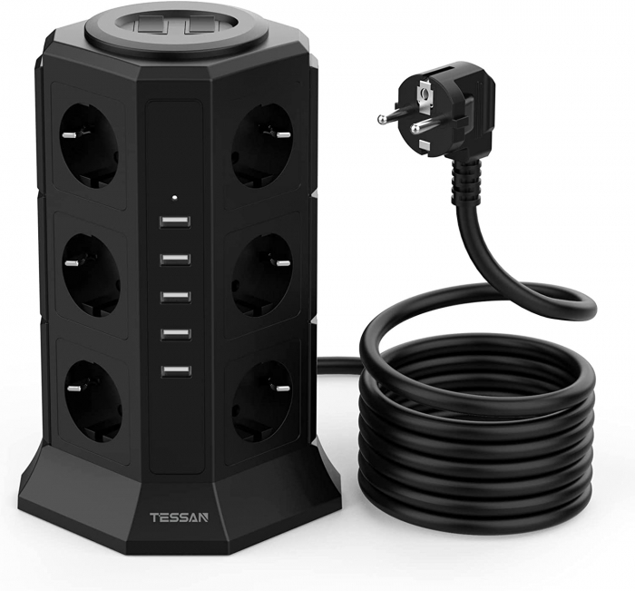 Prelungitor tip Turn Tessan TP-VA5U12E, 12 prize, 5 USB 4.5A, cablu 2m, protectie la suprasarcina [1]