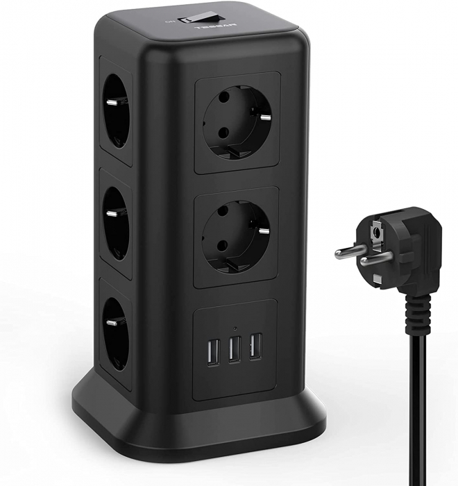 Prelungitor tip Turn Tessan TPS01, 11 prize, 3 USB 3.1A, cablu 2m, protectie la suprasarcina - Negru [1]