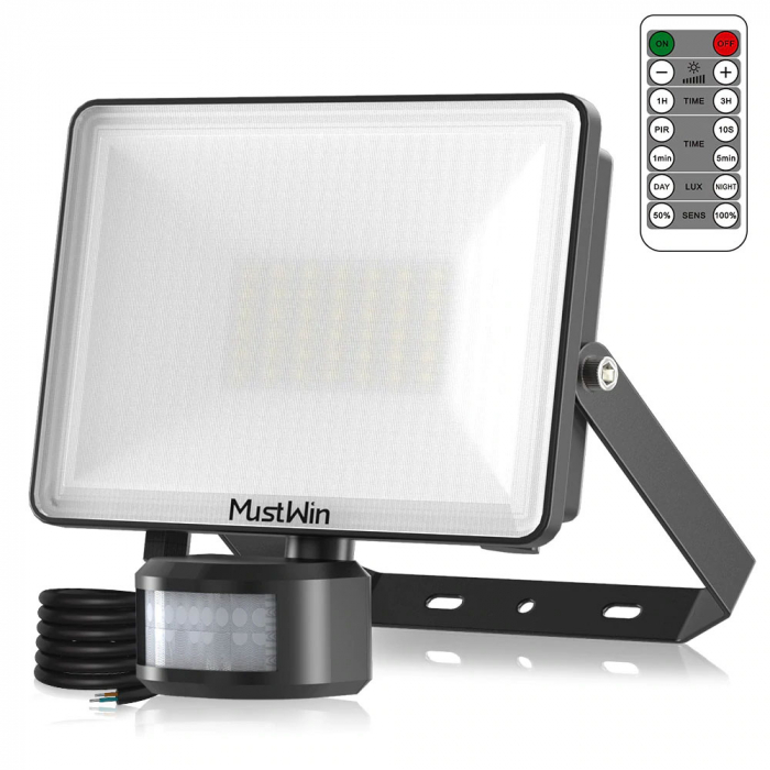 Proiector LED cu senzor de miscare MustWin 60W, 6000 lm, 84 Leduri, IR Telecomanda, IP65 [1]