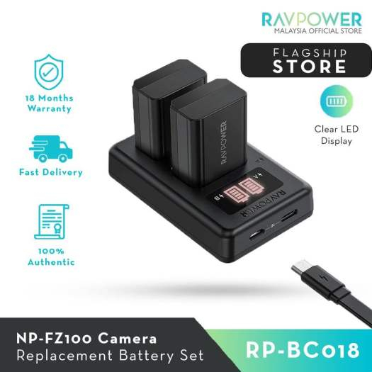 Set 2 acumulatori FZ100 cu incarcator RAVPower RP-BC018, pentru camere Sony NP-FZ100, Alpha A7 III, A7R III, A9, Sony Alpha A9, A7R3, a660, a7R IV, Alpha a9II, Alpha 9R, A9R, Alpha 9S [5]