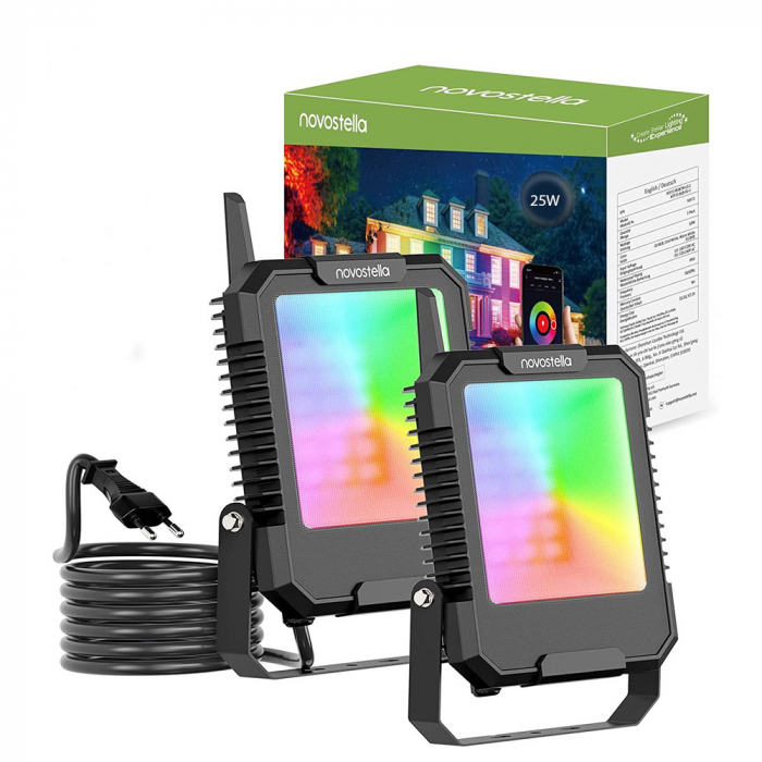 Set 2 proiectoare Smart LED RGB Novostella NTF71, BT Mesh, Alexa,Google , 25W, Sincronizare muzica, Exterior IP66 waterproof, Tuya   Smart Life [1]