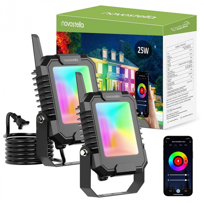 Set 2 proiectoare Smart LED RGB Novostella NTF71, BT Mesh, Alexa,Google , 25W, Sincronizare muzica, Exterior IP66 waterproof, Tuya   Smart Life [4]