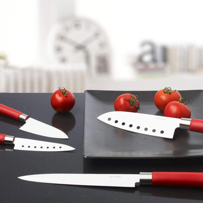 Set 4 cutite profesionale Cecotec Santoku pentru bucatarie,Ceramica, Inox, maner rosu [4]