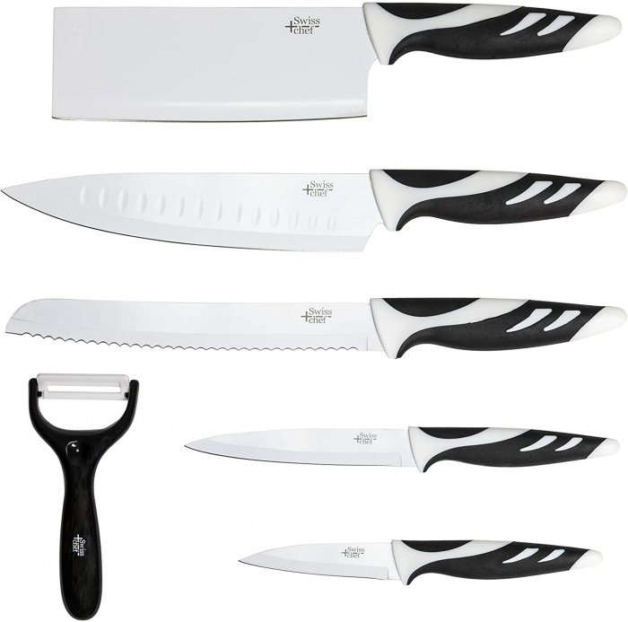Set de 6 cutite profesionale Cecotec Swiss Chef, lame din otel inoxidabil si ceramica, manere confortabile cu insertii din silicon, Alb Negru [1]