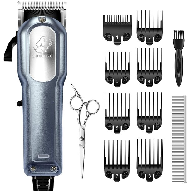 Set Masina Profesionala de Tuns Caini, Pisici sau Alte Animale, Omorc MEGD077, 12V, foarfece incluse, 8 capete, Albastru [5]