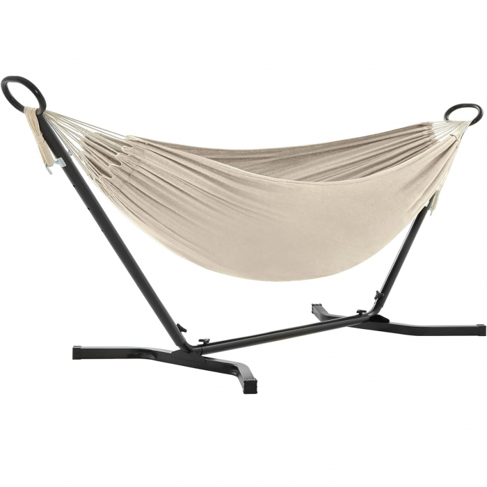 SONGMICS Hamac cu cadru metalic, reglabil la 5 inaltimi, maxim 240 kg, 300x90x95cm, bej [1]