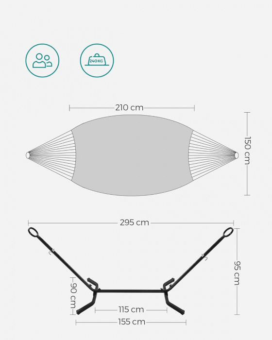 SONGMICS Hamac cu cadru metalic, reglabil la 5 inaltimi, maxim 240 kg, 300x90x95cm, gri [2]
