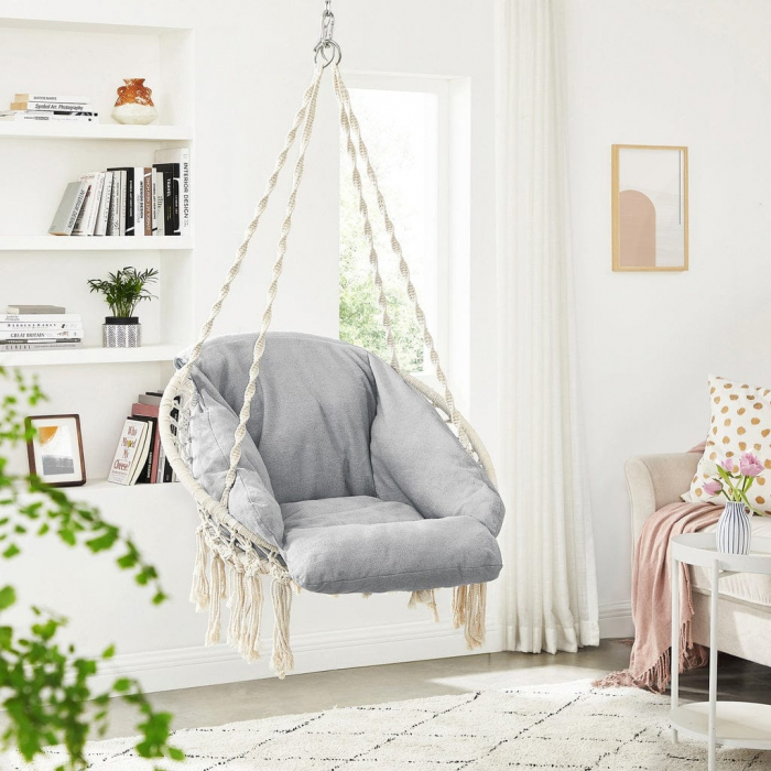SONGMICS Scaun rotund tip leagan suspendat cu perna, pentru casa sau gradina, gri [2]