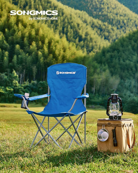 SONGMICS Set 2 scaune pliabile de camping sau pescuit, suport pahar, maxim 150kg, albastru [2]