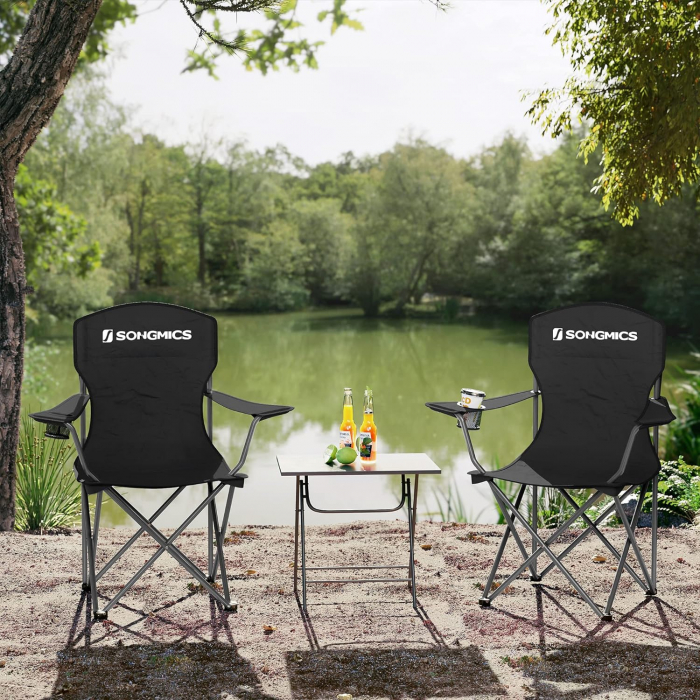 SONGMICS Set 2 scaune pliabile de camping sau pescuit, suport pahar, maxim 150kg, negru [12]