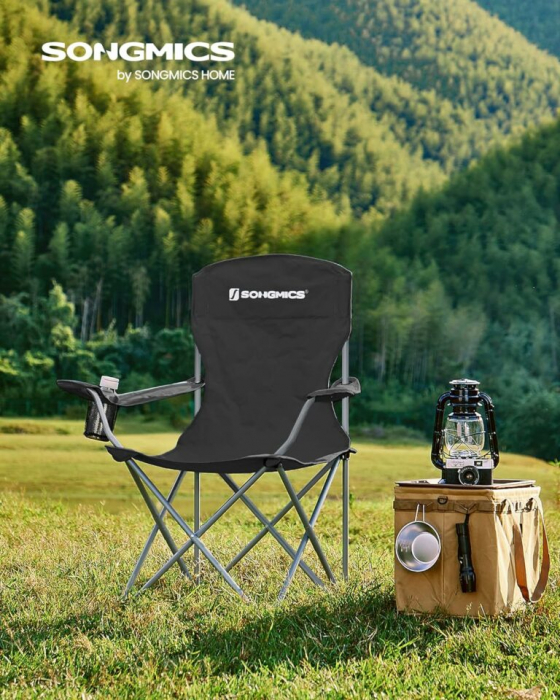 SONGMICS Set 2 scaune pliabile de camping sau pescuit, suport pahar, maxim 150kg, negru [2]