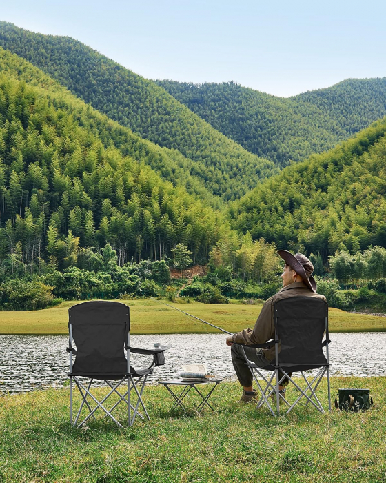 SONGMICS Set 2 scaune pliabile de camping sau pescuit, suport pahar, maxim 150kg, negru [8]