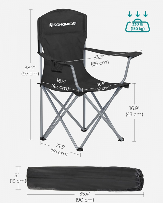 SONGMICS Set 2 scaune pliabile de camping sau pescuit, suport pahar, maxim 150kg, negru [3]