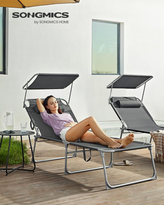 SONGMICS Sezlong pliabil, cu parasolar si tetiera, spatar reglabil in 4 pozitii, maxim 150kg, 200x71x38cm, gri [4]
