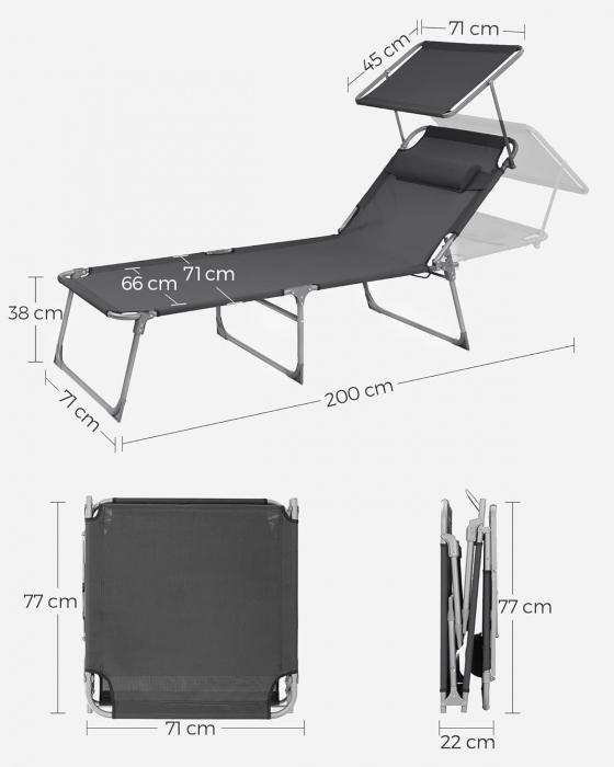 SONGMICS Sezlong pliabil, cu parasolar si tetiera, spatar reglabil in 4 pozitii, maxim 150kg, 200x71x38cm, gri [5]
