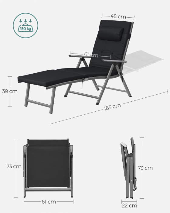 SONGMICS Sezlong pliabil, cu saltea groasa si tetiera, spatar reglabil, maxim 150kg, 183x60x39cm, negru [3]