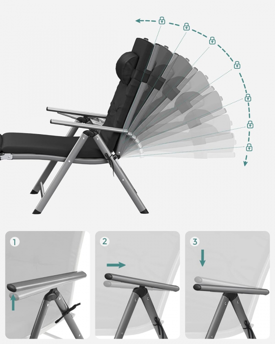 SONGMICS Sezlong pliabil, cu saltea groasa si tetiera, spatar reglabil, maxim 150kg, 183x60x39cm, negru [5]