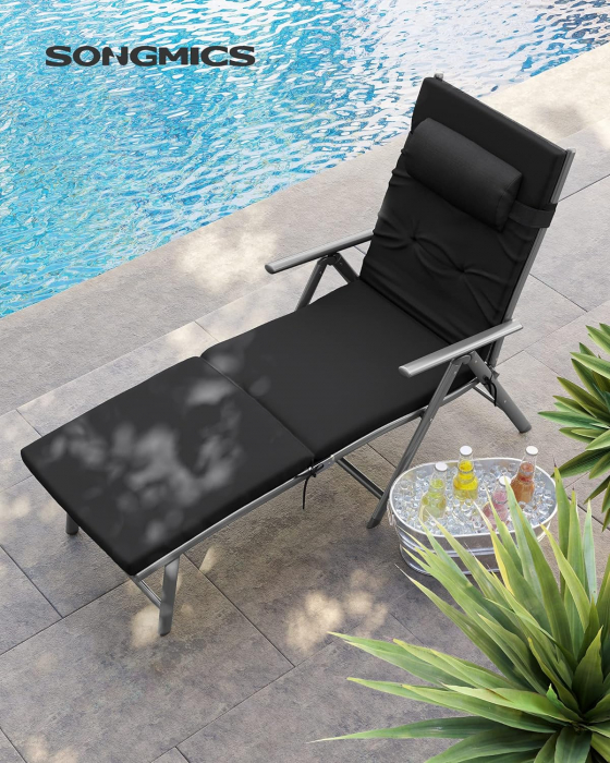 SONGMICS Sezlong pliabil, cu saltea groasa si tetiera, spatar reglabil, maxim 150kg, 183x60x39cm, negru [2]