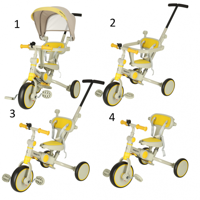Tricicleta copii 6in1, 70x31x89 cm, cu ghidon reglabil, sezut cu spatar si copertina, cadru metalic, galben-gri [4]