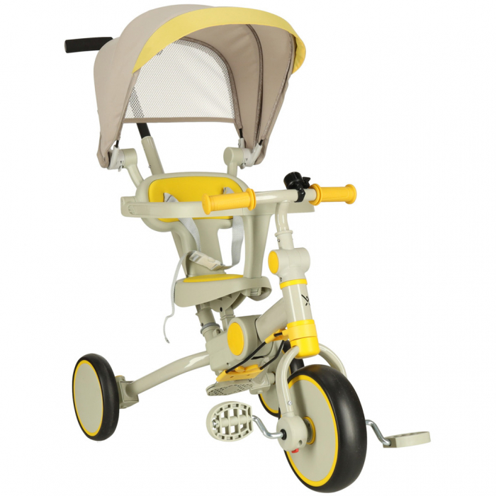 Tricicleta copii 6in1, 70x31x89 cm, cu ghidon reglabil, sezut cu spatar si copertina, cadru metalic, galben-gri [14]