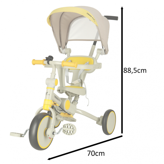 Tricicleta copii 6in1, 70x31x89 cm, cu ghidon reglabil, sezut cu spatar si copertina, cadru metalic, galben-gri [2]