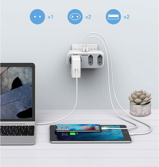 Triplu stecher cu USB Tessan TS-324, 16A, 2xUSB 2.4A [3]