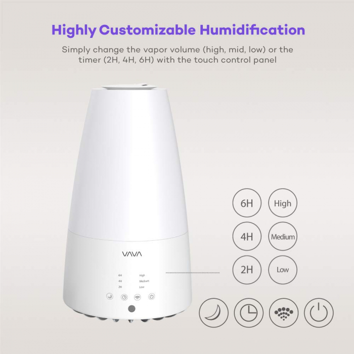 Umidificator de aer cu ultrasunete VAVA 3L, Telecomanda, 280ml h, Silentios,  3 trepete putere, 25W [5]