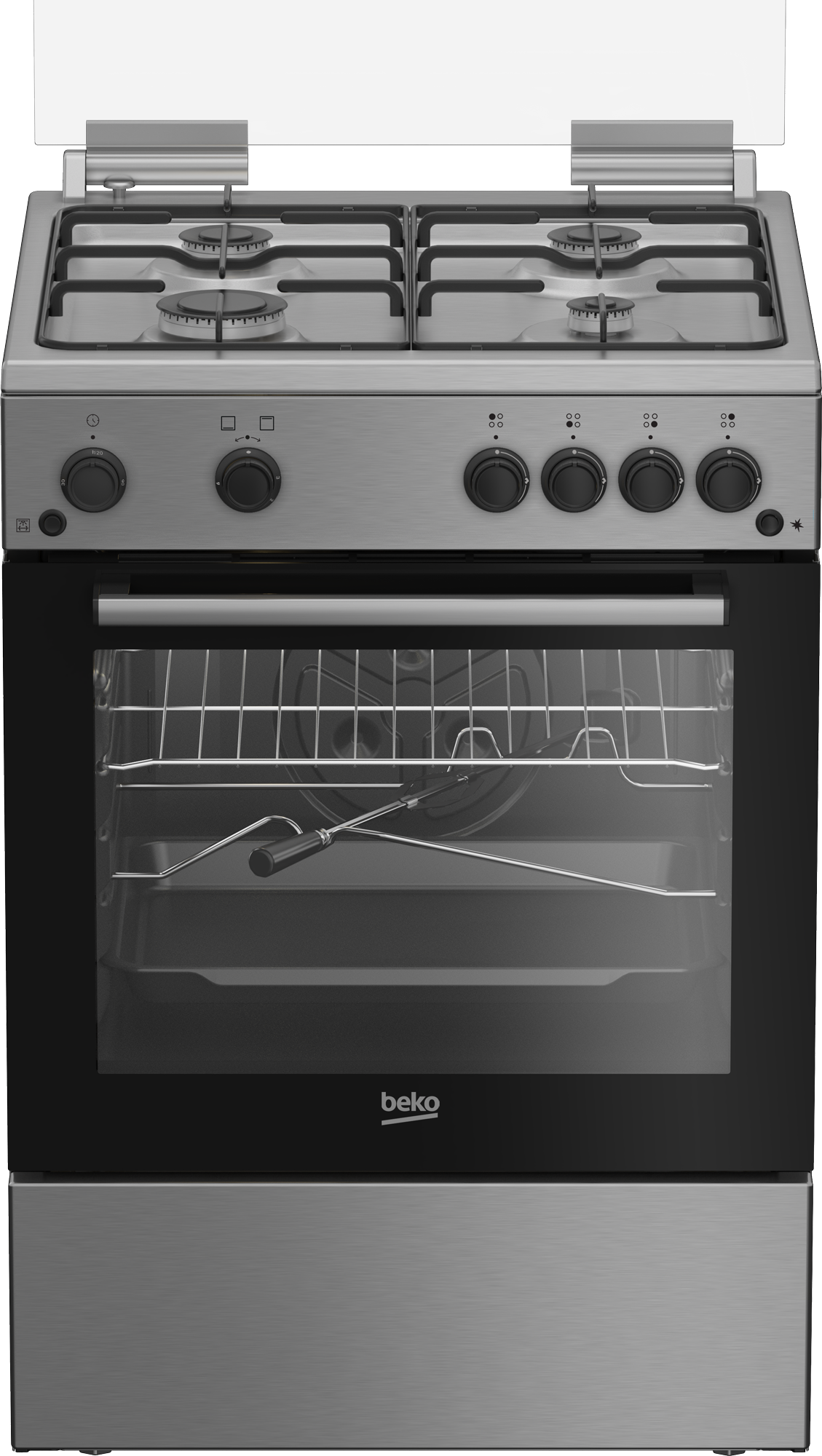 Electrocasnice Mari - Aragaz Beko FBGT62110DXO, Gaz, 4 arzatoare, Aprindere electrica plita-cuptor, Grill, Rotisor, High-Efficiency Gas Burner, Timer, 60 cm, Inox