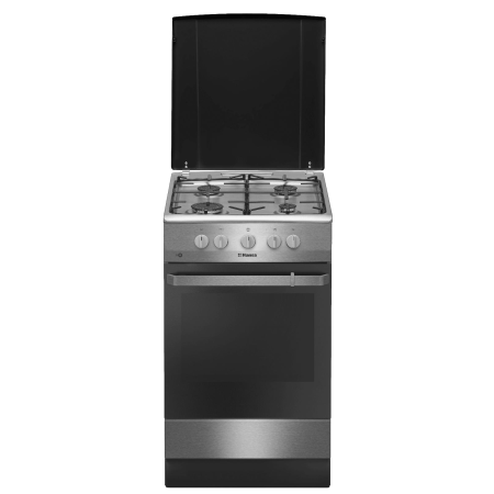 Electrocasnice - Aragaz cu gaz Hansa, 50 cm, 4 arzatoare, 2 functii, grill, aprindere electrica, siguranta, capac email, 58 L, clasa A, inox FCGX58099
