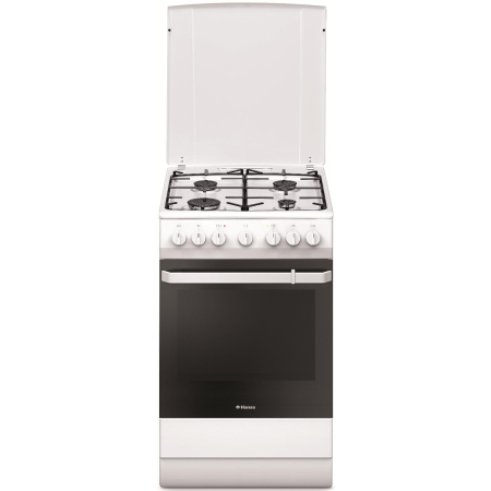 Electrocasnice Mari - Aragaz mixt Hansa FCMW581009, cuptor electric, 50 cm, 4 arzatoare, programator, 8 functii, grill, ventilator, aprindere electrica, capac email, sertar depozitare, 62 L, clasa A, alb