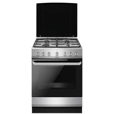 Electrocasnice Mari - Aragaz mixt Hansa FCMX68129, cuptor electric, 60 cm, 4 arzatoare, steam cleaning, programator, 8 functii, grill, ventilator, aprindere electrica, siguranta, sertar depozitare, cu capac metalic, 62 L,