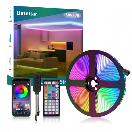 Benzi LED - Banda LED Ustellar 6M RGB, Sincronizare Muzica, Bluetooth, Telecomanda