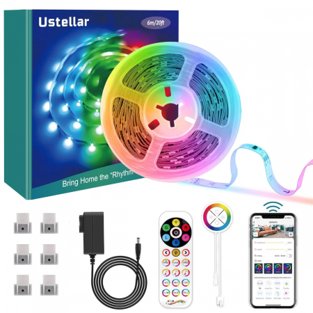 Benzi LED - Banda LED Ustellar 6M RGBIC, Sincronizare Muzica, Smart, Wifi, Telecomanda, Alexa, Google Assistant