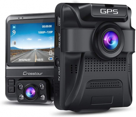 Camere Video Auto - Camera auto DVR Dubla Crosstour CR750, GPS, Full HD,  Bord si Interior, Unghi 170 grade, Night Vision, WDR, G-Sensor, Mod parcare, Filmare in bucla