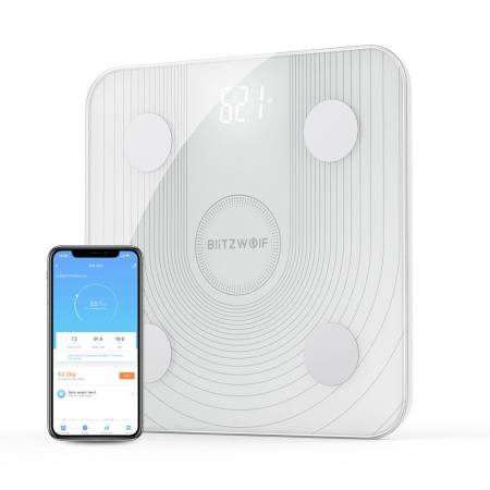 Casa si Gospodarie - Cantar corporal Smart BlitzWolf Body Fat, 13 valori masurate, BMI, Alb