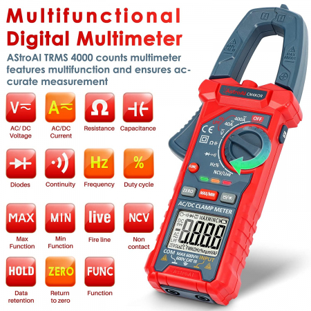 Clampmetru (cleste ampermetric) Multimetru digital AstroAI CM4KOR 4000 Counts, Auto-ranging, Masoara Tensiunea, curentul AC DC, rezistenta, capacitatea, frecventa, continuitatea, testarea firelor su [4]