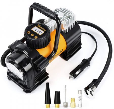 Construcții - Compresor Auto Metalic AstroAI AC300Y 12V, 150PSI, Digital, Lumina de urgenta, Adaptoare incluse, geantra transport, Galben