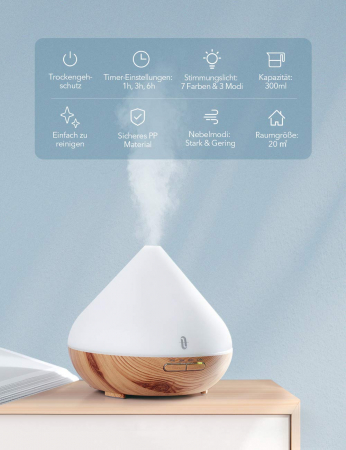 Difuzor aroma cu Ultrasunete TaoTronics TT-AD002, 300ml, 13W, LED 7 culori, oprire automata - Nuc natur [1]