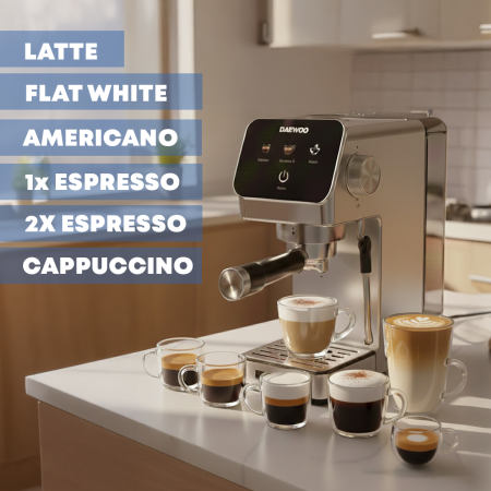 Espressor Manual Daewoo DCME1350, 1350 W, pompa ULKA 20 Bari, rezervor apa 1.2L, sistem precis de control al temperaturii PID, Argintiu [3]