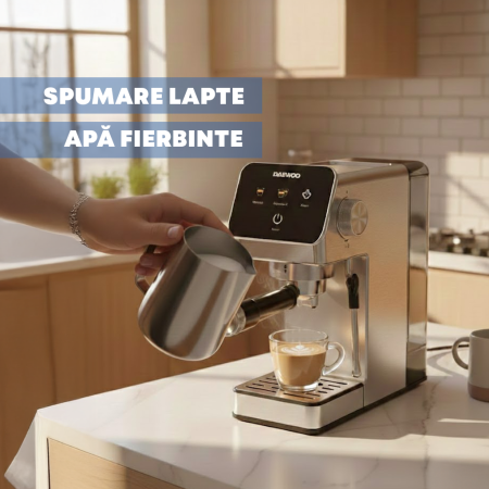 Espressor Manual Daewoo DCME1350, 1350 W, pompa ULKA 20 Bari, rezervor apa 1.2L, sistem precis de control al temperaturii PID, Argintiu [4]
