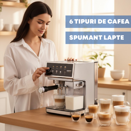 Espressor Manual Daewoo DCMM1350, 1350 W, pompa ULKA 20 Bari, rezervor apa 1.6L, recipient lapte 500 ml detasabil, Argintiu [3]