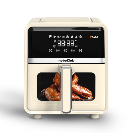 Electrocasnice Mici - Friteuza cu aer cald NobeLTek, 1400 W, display LCD, capacitate 5 L, timer, 8 programe predefinite, temperatura reglabila 80-200 grade, cos cu maner, Crem