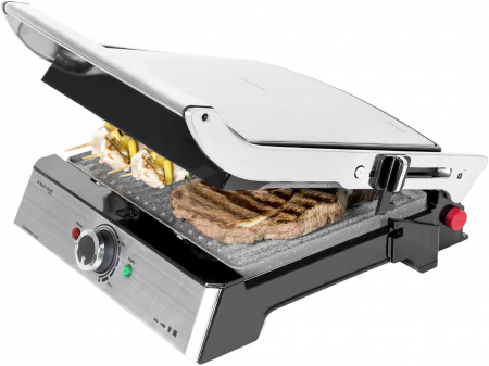 Electrocasnice - Gratar electric Cecotec 3 in 1 Rock n Grill Pro , 2000 W, regulator de putere, piatra antiaderenta, gratar electric, plita si aparat de facut sandvisuri - Resigilat