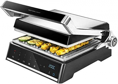 Electrocasnice - Gratar electric Cecotec Rock nGrill Smart, 2000 W, placi ceramica RockStone 28.5x22.5 cm, deschidere 180 grade, 5 programe automate, Inox Negru
