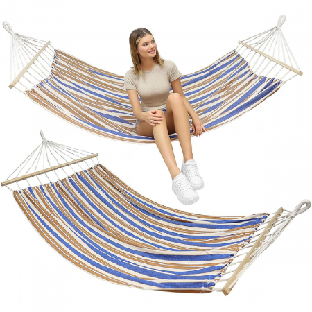 Hamac dublu cu bare din lemn, pentru 2 persoane, bumbac, 150kg, 200x150 cm, albastru si maro [9]