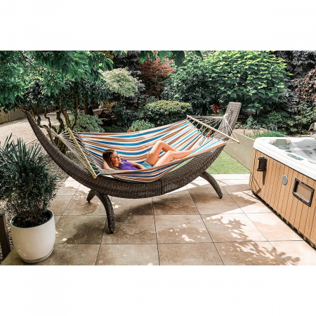 Hamac dublu cu bare din lemn, pentru 2 persoane, bumbac, 150kg, 200x150 cm, albastru si maro [8]